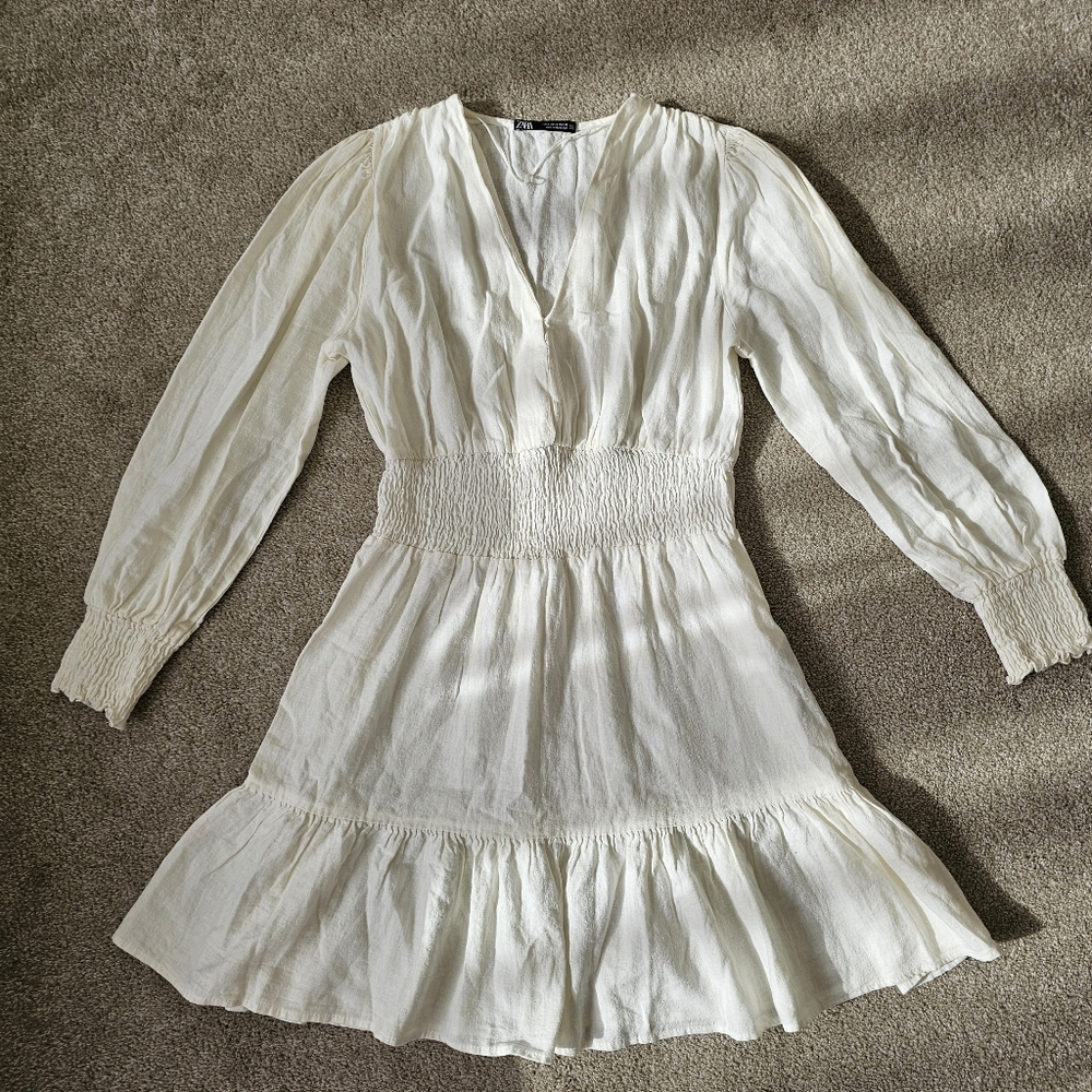 Zara White Long Sleeve Linen Dress SMALL